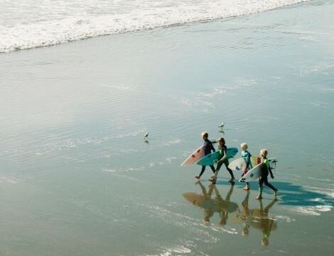 Surfers on the wet sand