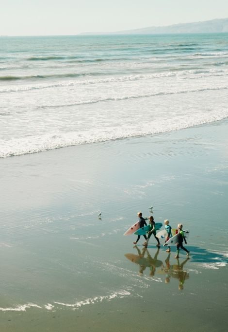 Surfers walking along the shore